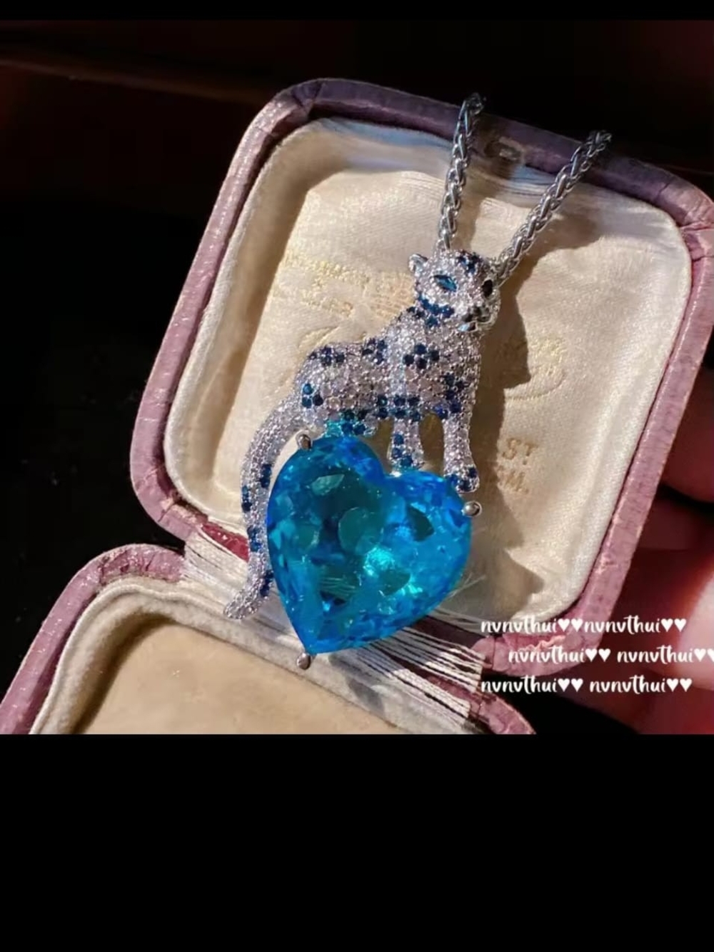 Blue Heart Crystal Leopard Pendant Necklace -